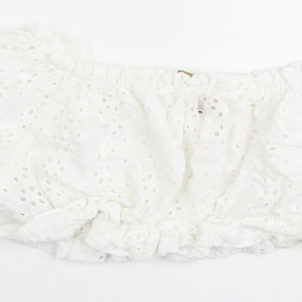 Pull&Bear Womens White Cotton Cropped Blouse Size S Off the Shoulder - Broderie Anglaise