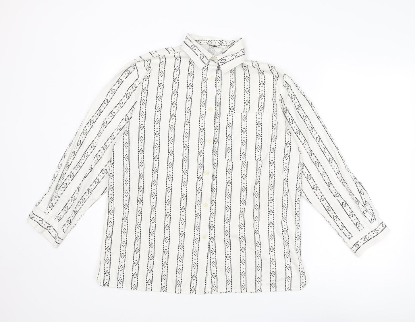 St Michael Womens White Geometric Cotton Basic Button-Up Size 8 Collared
