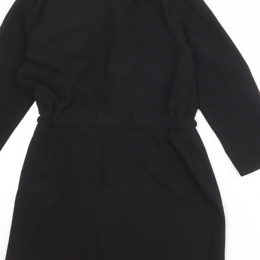 Brand and care label for ASOS women’s black polyester jacket dress, size UK 6, v-neck tie