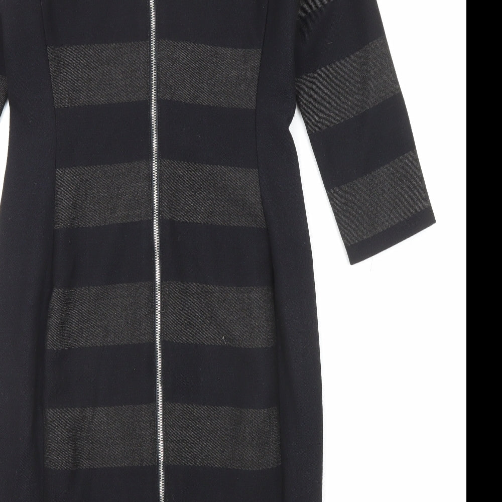 Brand and care label for Oui women’s black striped polyester shift, size UK 10, round neck zip