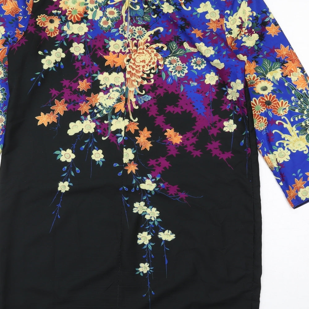 Brand and care label for ASOS women’s multicoloured floral polyester shift, size UK 10, round neck button