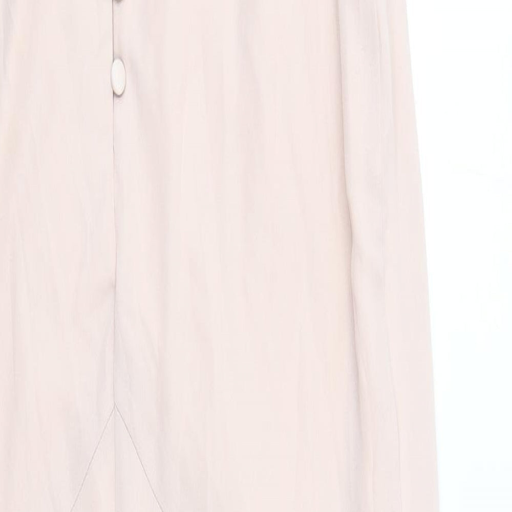 Brand and care label for ASOS women’s pink polyester ball gown, size UK 12, v-neck button - front pleat detail