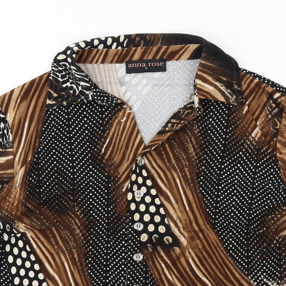Anna Rose Womens Brown Geometric Polyester Basic Button-Up Size S Collared