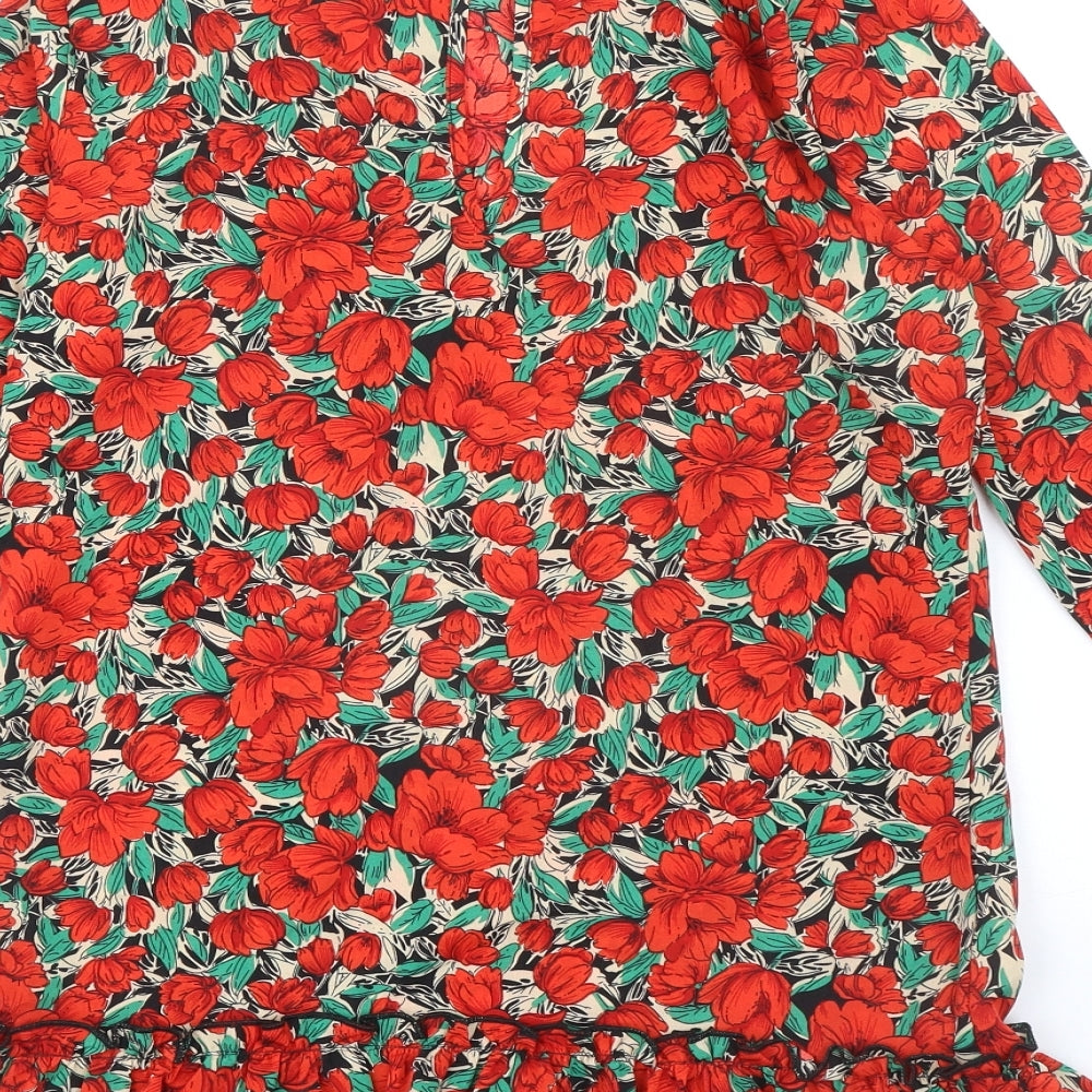 Brand and care label for Missguided women’s multicoloured floral polyester a-line, size UK 6, mock neck button