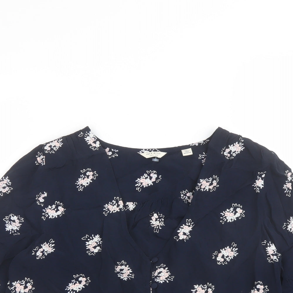 Jack Wills Womens Blue Floral Polyester Basic Blouse Size 8 V-Neck