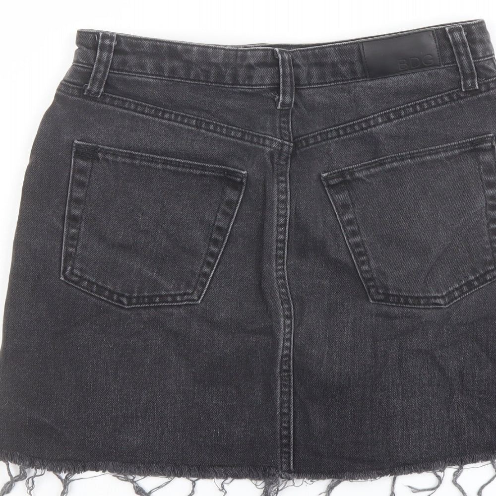 Brand and care label for BDG women’s grey cotton mini skirt, size XS, button