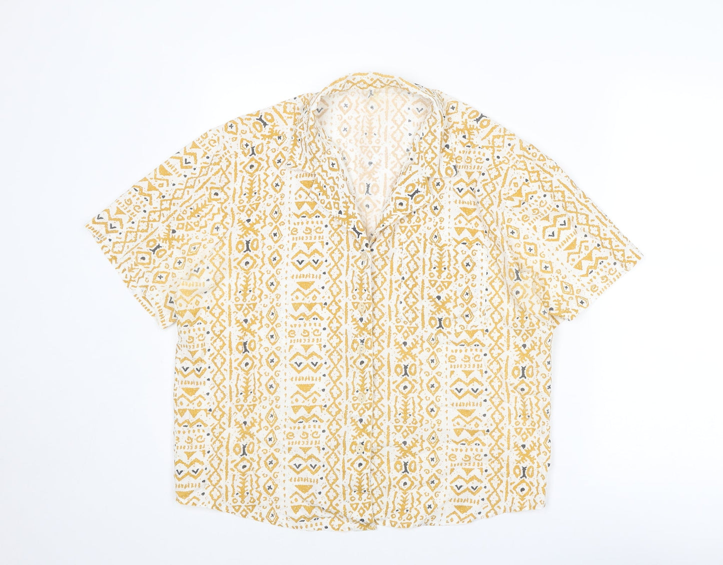 St Michael Womens Yellow Geometric Polyester Basic Button-Up Size 16 Collared