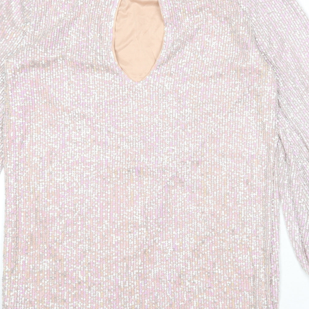 Brand and care label for Club L women’s pink polyester shirt dress, size UK 10, round neck button