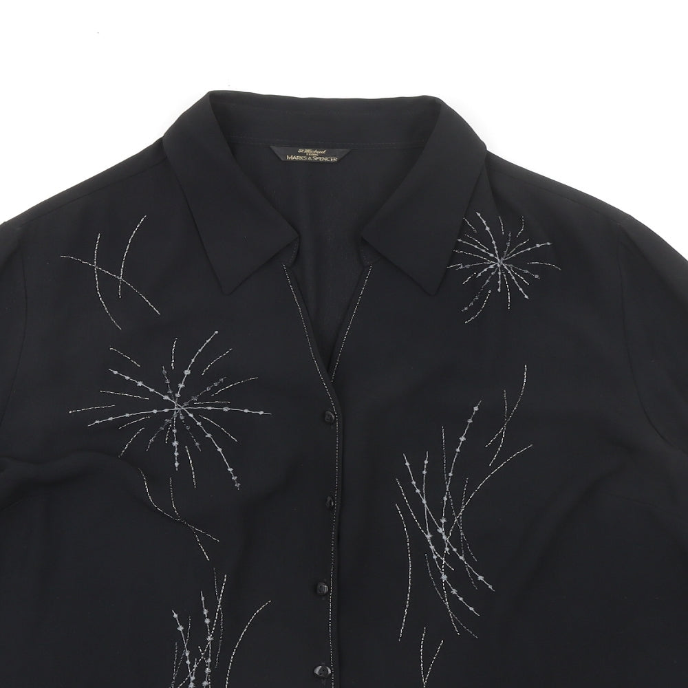 St Michael Womens Black Geometric Polyester Basic Button-Up Size 18 Collared - Embellished