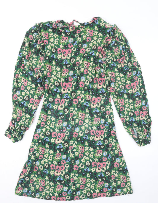 Warehouse Womens Green Floral Viscose A-Line Size 10 V-Neck Lace Up