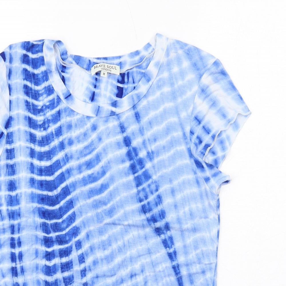 Brave Soul Womens Blue Geometric Viscose Basic T-Shirt Size M Round Neck