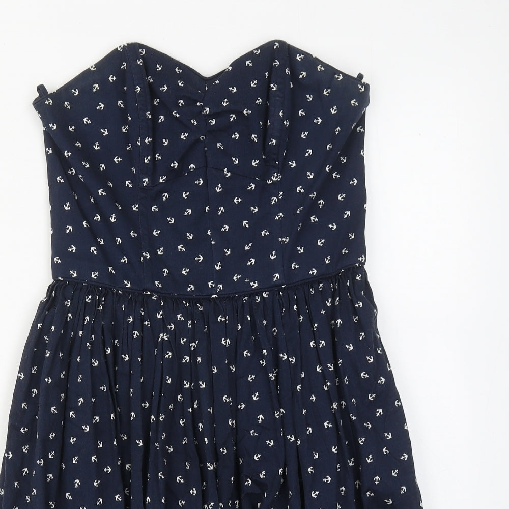 Jack Wills Womens Blue Geometric Cotton A-Line Size 10 Off the Shoulder Zip - Anchor Print