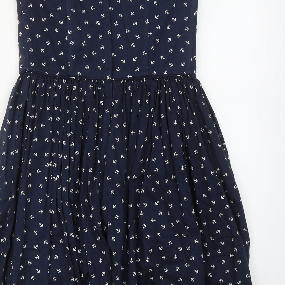 Jack Wills Womens Blue Geometric Cotton A-Line Size 10 Off the Shoulder Zip - Anchor Print