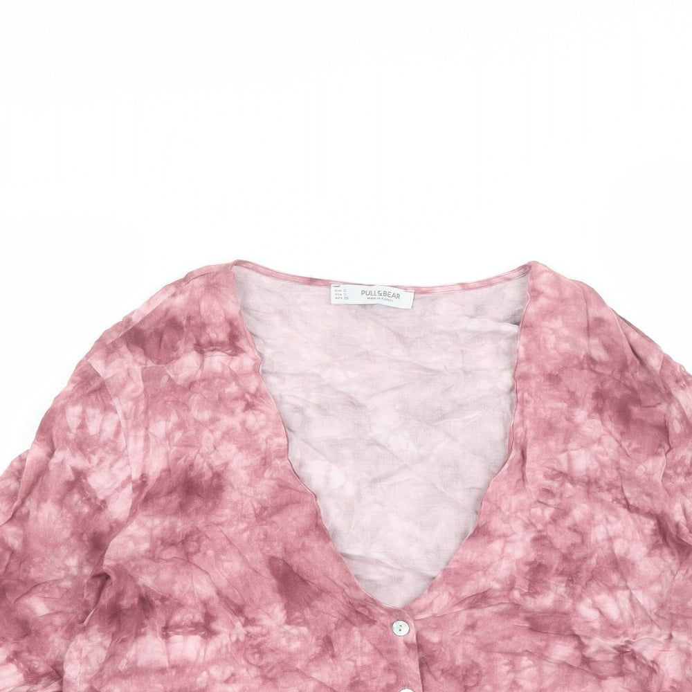 Pull&Bear Womens Pink Viscose Cropped Button-Up Size S V-Neck - Tie Front Tie Dye