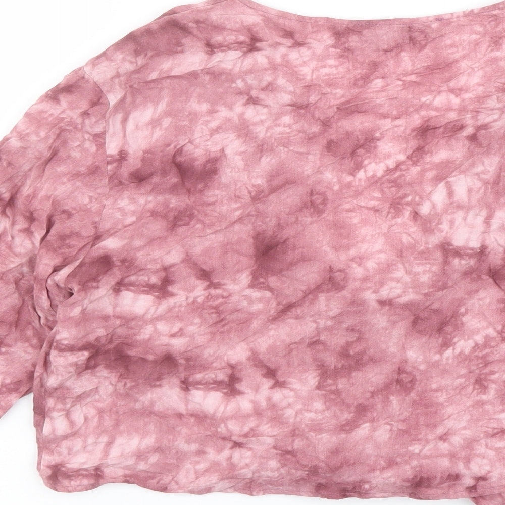 Pull&Bear Womens Pink Viscose Cropped Button-Up Size S V-Neck - Tie Front Tie Dye
