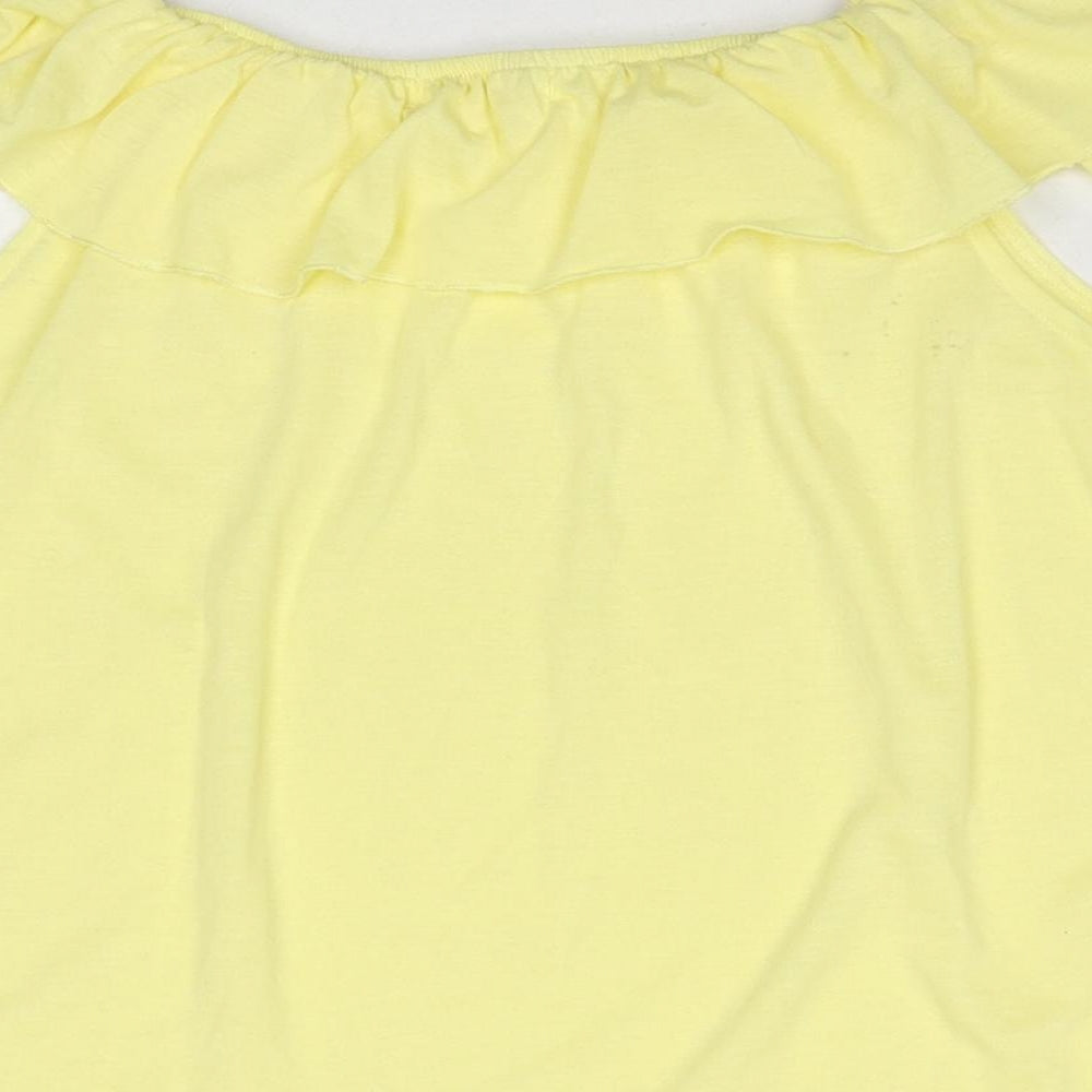 Brand and care label for H&M girls’ yellow cotton basic tank, size 11-12, years off the shoulder pullover