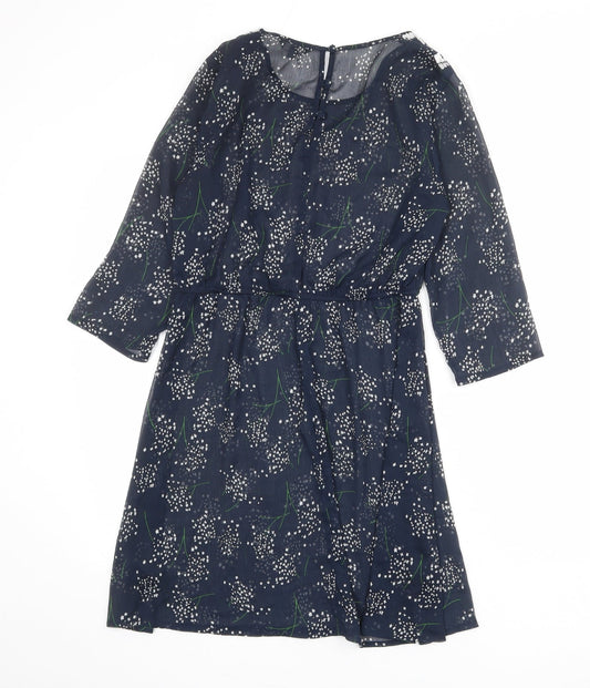 Limited Collection Womens Blue Floral Polyester A-Line Size 10 Round Neck Button