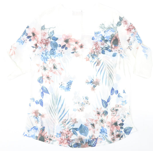 Anna Rose Womens White Floral Polyester Basic Blouse Size 10 Round Neck