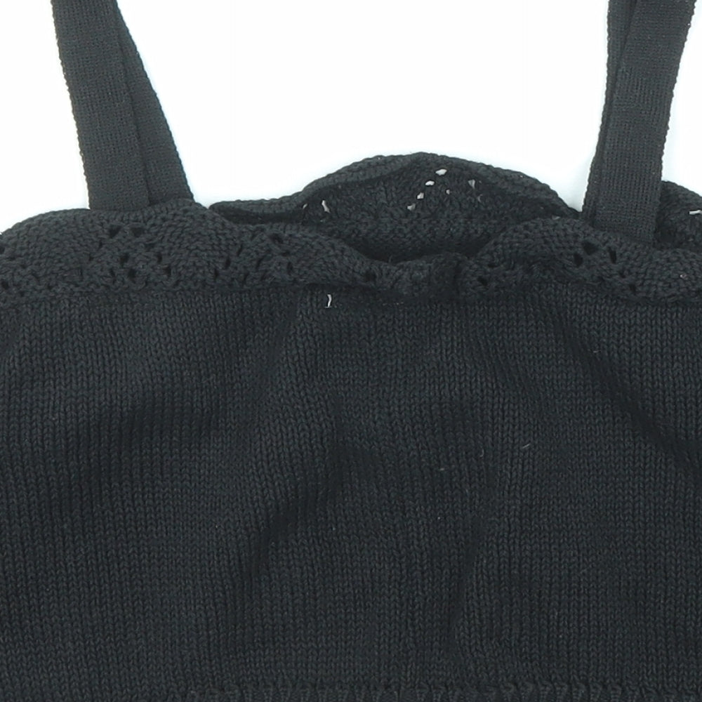 Brand and care label for Zara girls’ black polyester cropped tank, size 13-14, years square neck pullover