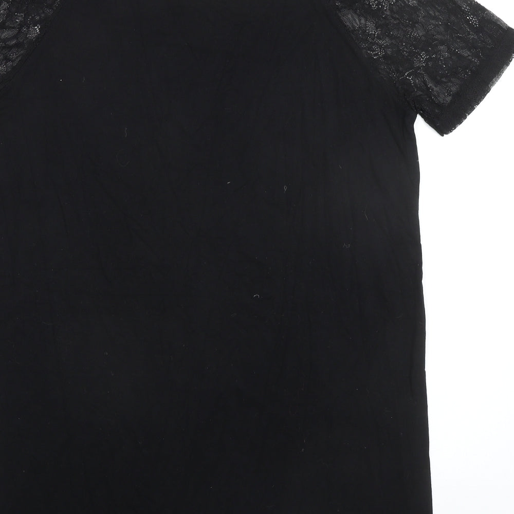Brand and care label for ASOS women’s black viscose t-shirt dress, size UK 10, round neck pullover