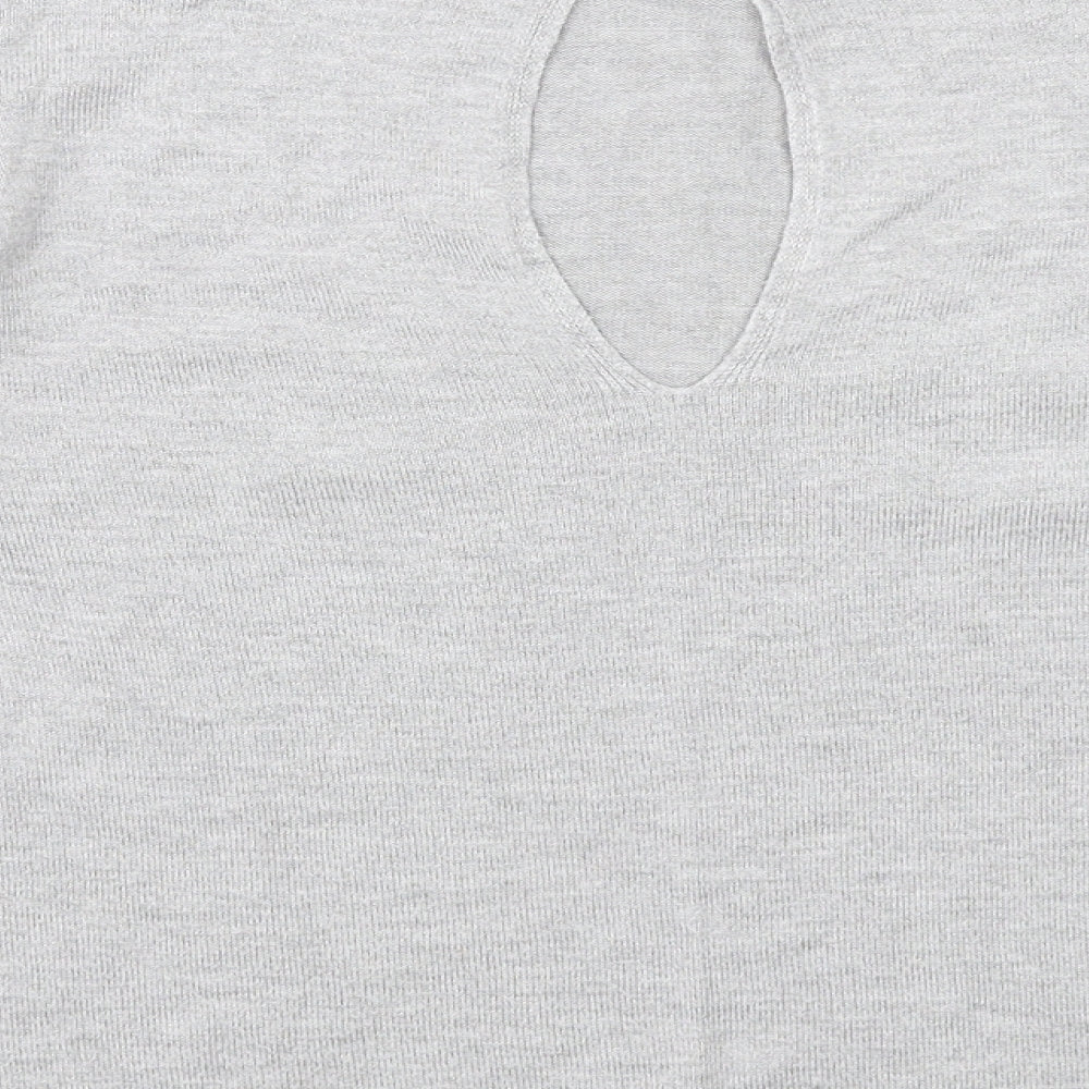 Brand and care label for Miss Selfridge women’s grey round neck viscose jumper, size UK 8
