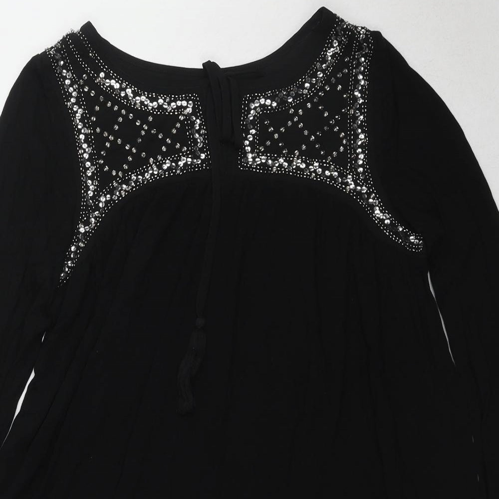French Connection Womens Black Viscose Tunic Blouse Size XS Boat Neck - Embellished
