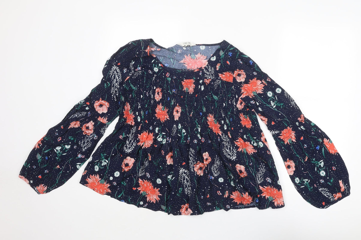 Nine by Savannah Miller Womens Blue Floral Viscose Basic Blouse Size 10 Boat Neck
