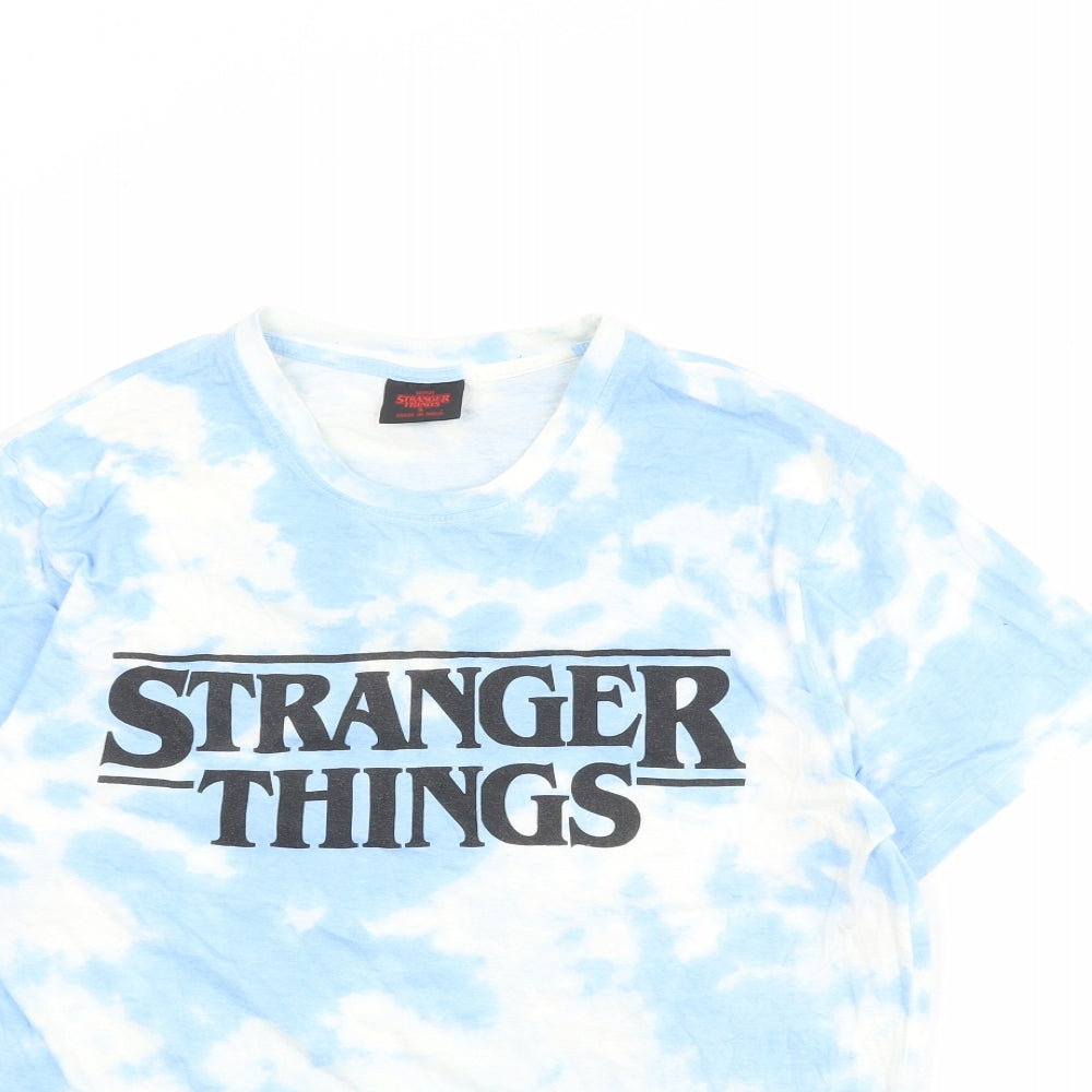 Stranger Things Womens Blue Geometric 100% Cotton Basic T-Shirt Size S Round Neck - Tie Dye