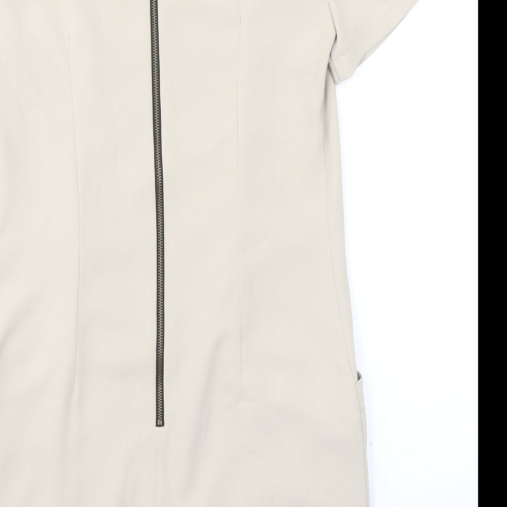 Topshop Womens Beige Polyester A-Line Size 8 Round Neck Zip