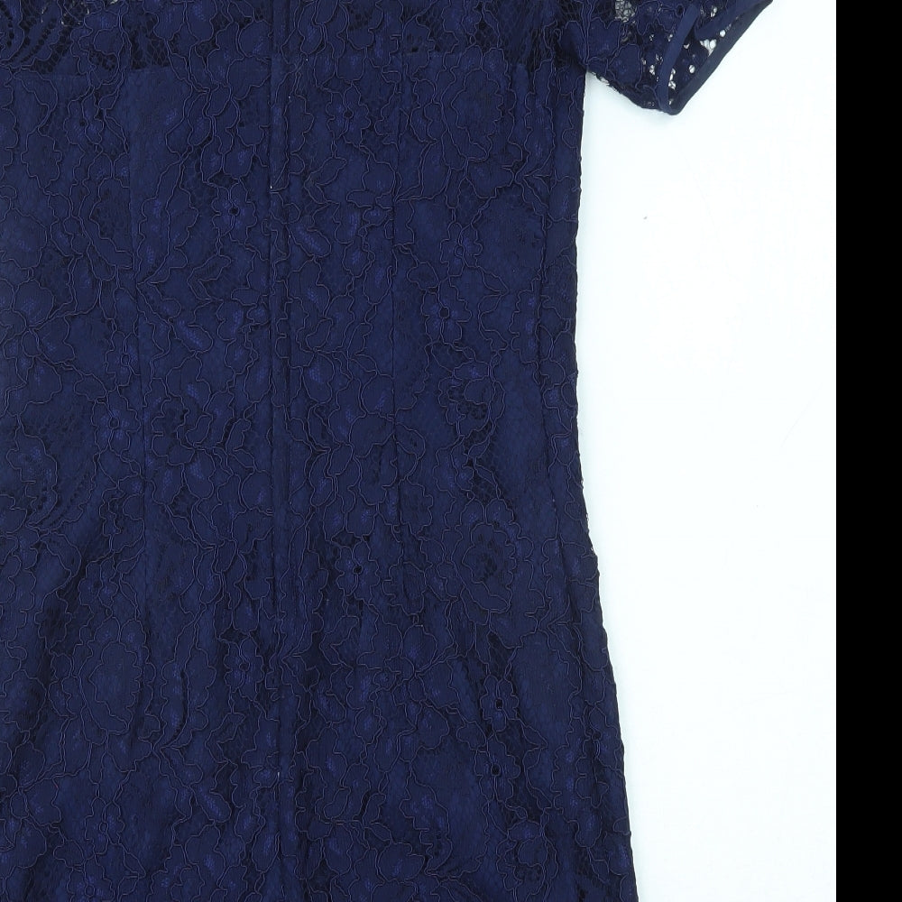 Brand and care label for French Connection women’s blue polyamide a-line, size UK 10, round neck zip