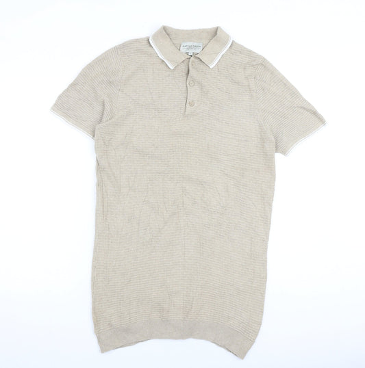 Racing Green Mens Beige 100% Cotton Polo Size S Collared Button