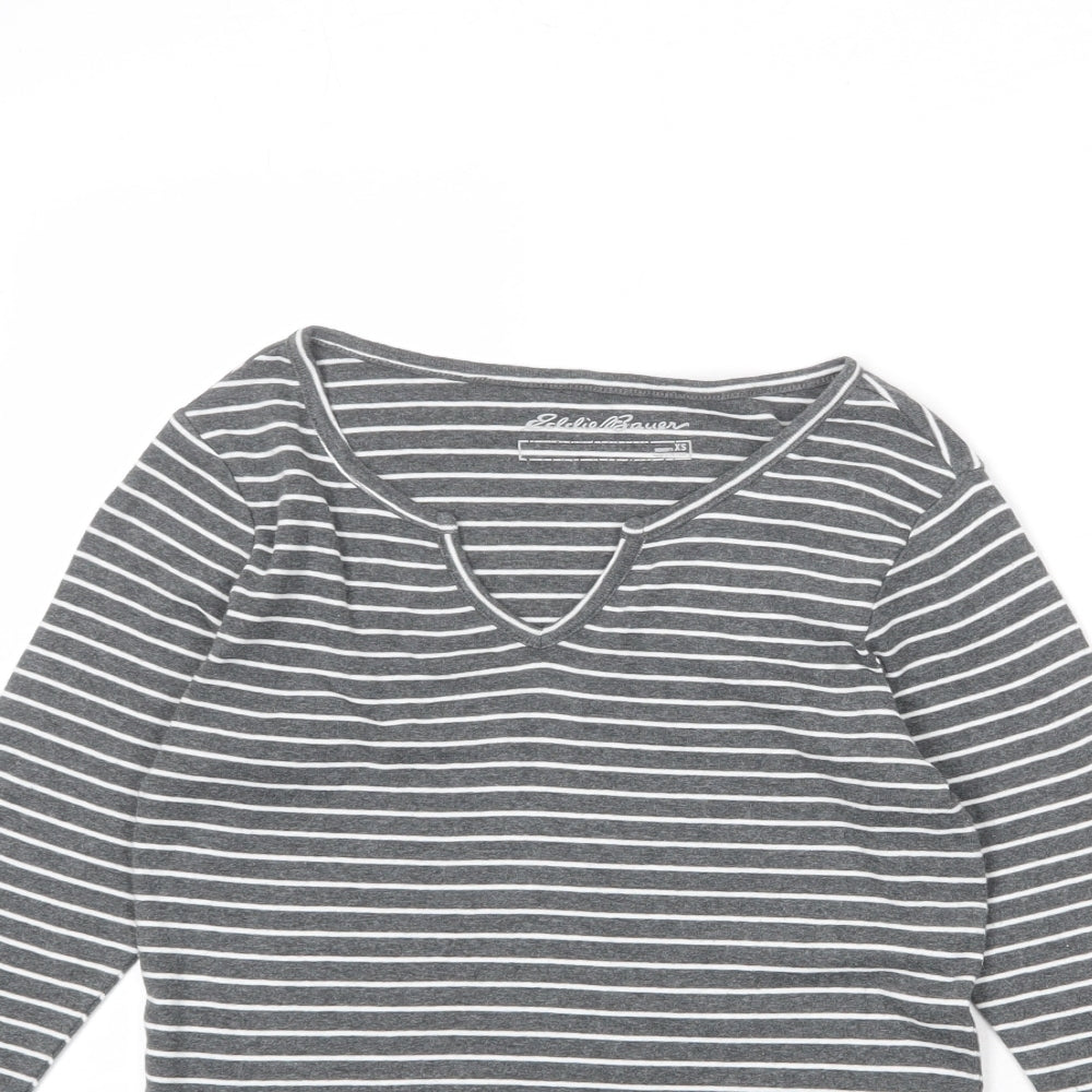 Eddie Bauer Womens Grey Striped 100% Cotton Basic T-Shirt Size XS V-Neck