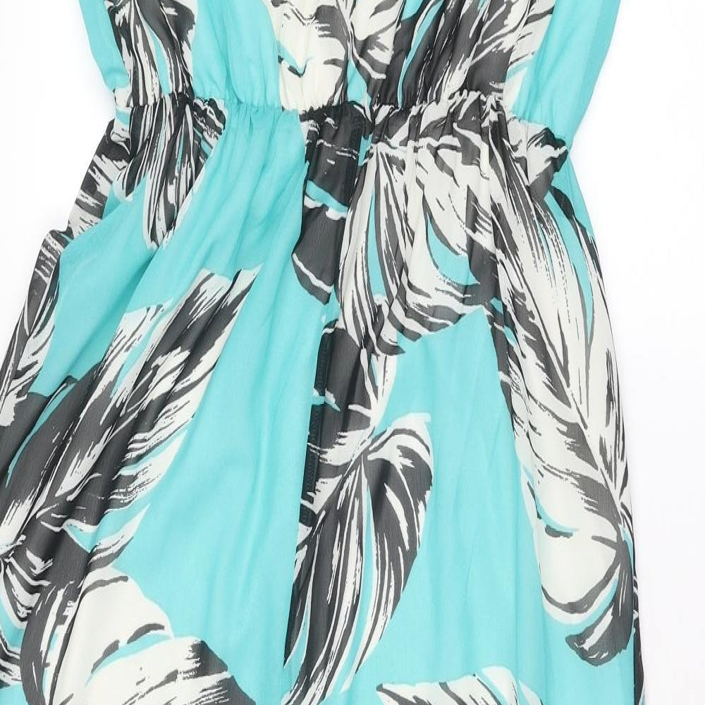 Brand and care label for Kaleidoscope women’s blue geometric polyester a-line, size UK 10, round neck pullover - leaves print