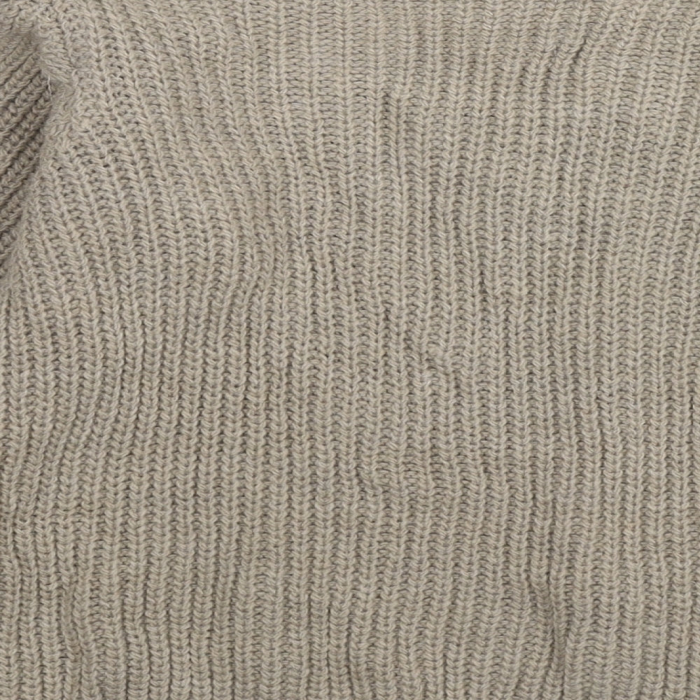 Brand and care label for Isabella D. women’s beige v-neck acrylic jumper, size S