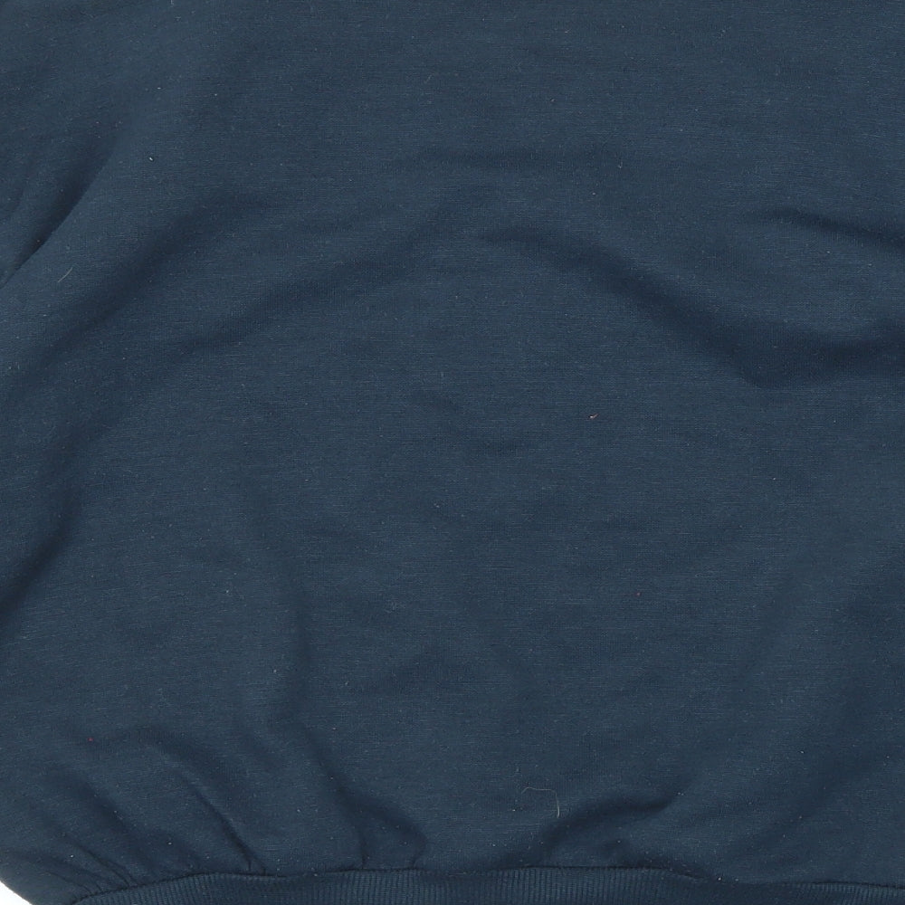 Brand and care label for Lee Cooper men’s blue polyester pullover sweatshirt, size S