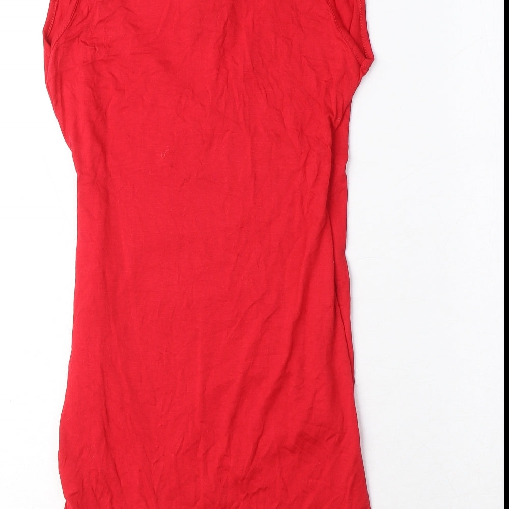 Brand and care label for I SAW IT FIRST women’s red viscose mini, size UK 8, v-neck pullover