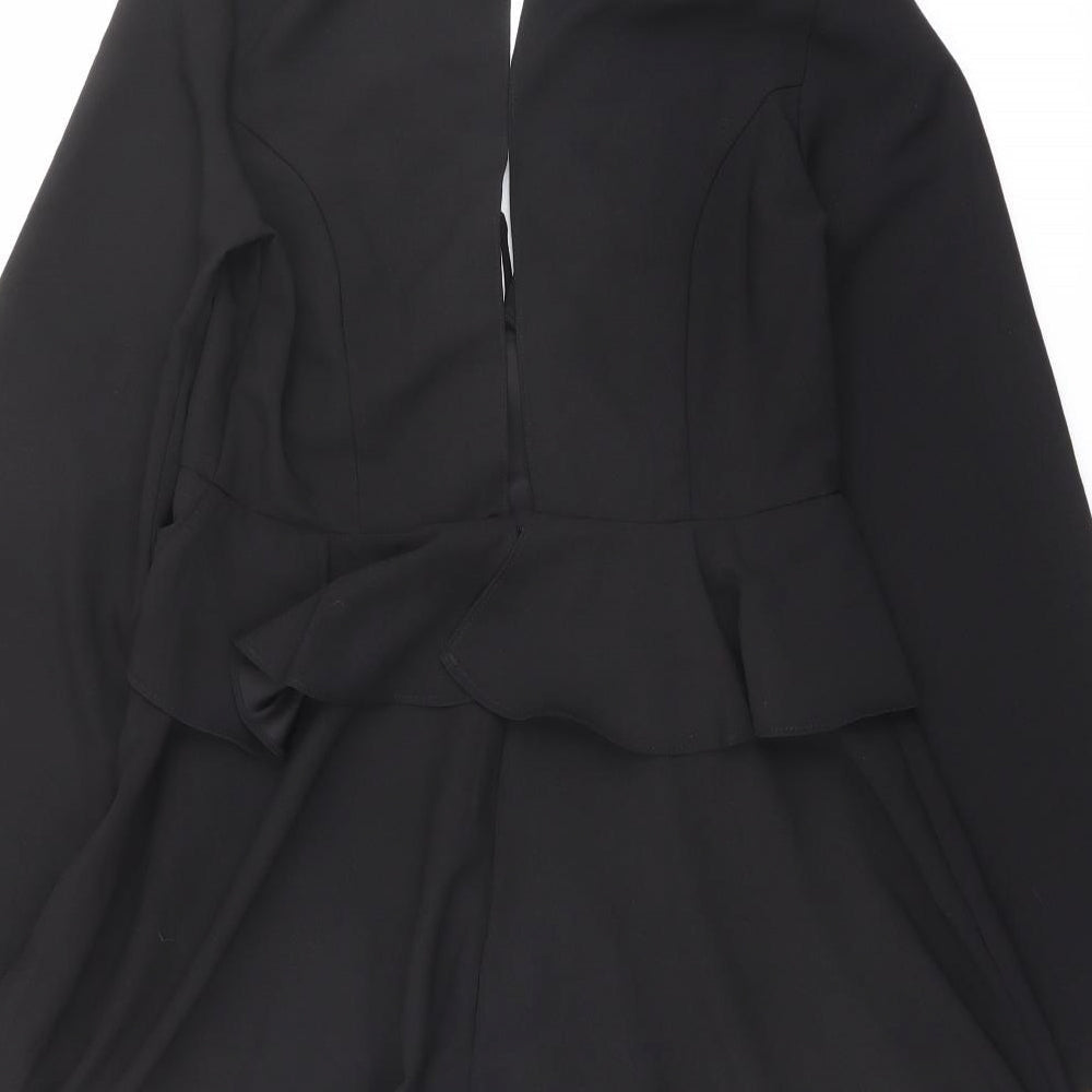 Brand and care label for ASOS women’s black polyester trapeze & swing, size UK 10, v-neck button