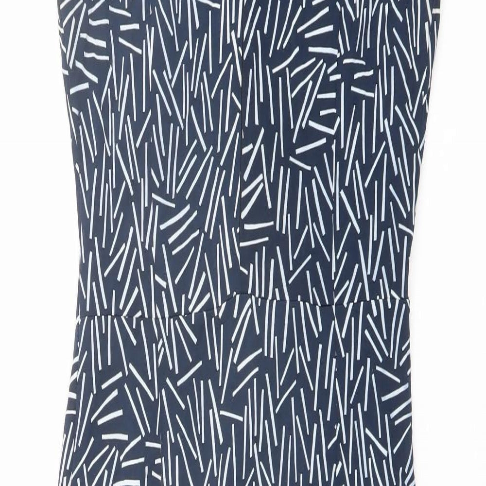 Brand and care label for Autograph women’s blue geometric viscose shift, size UK 8, v-neck zip