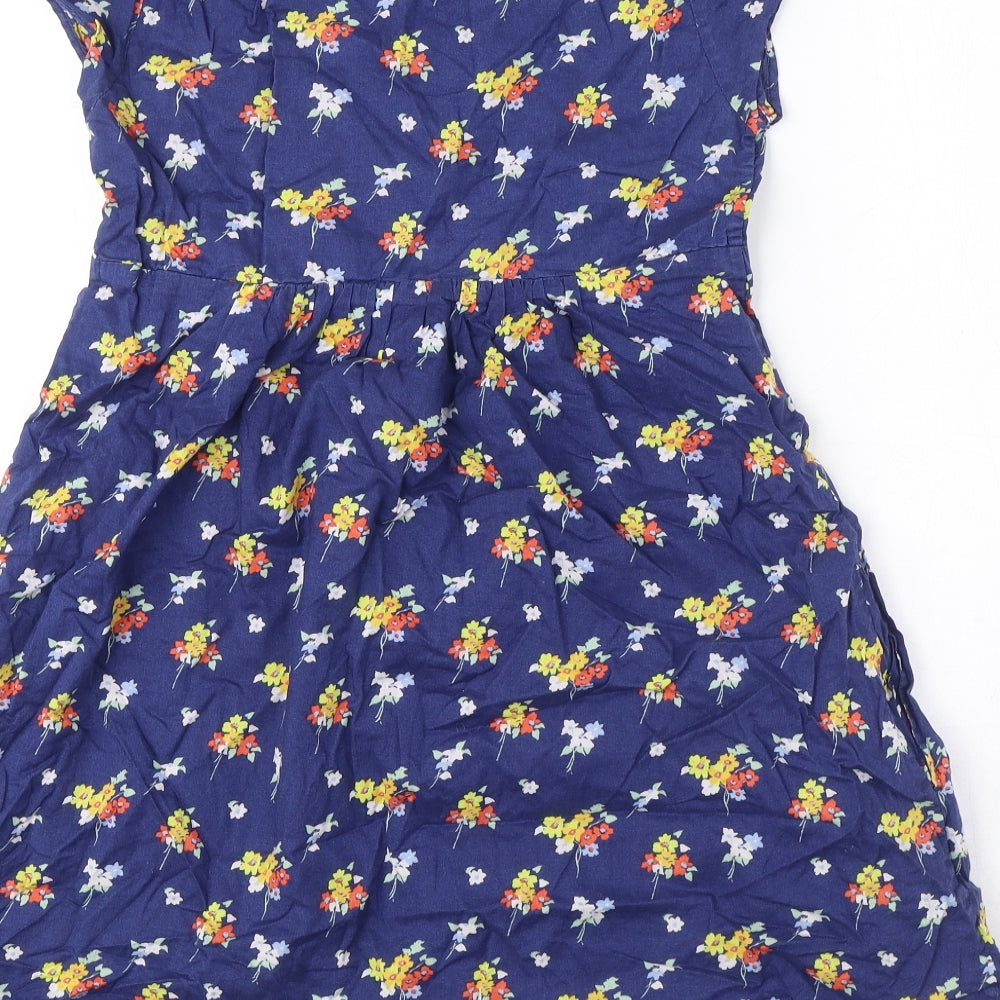 Jack Wills Womens Blue Floral 100% Cotton A-Line Size 8 Scoop Neck Button