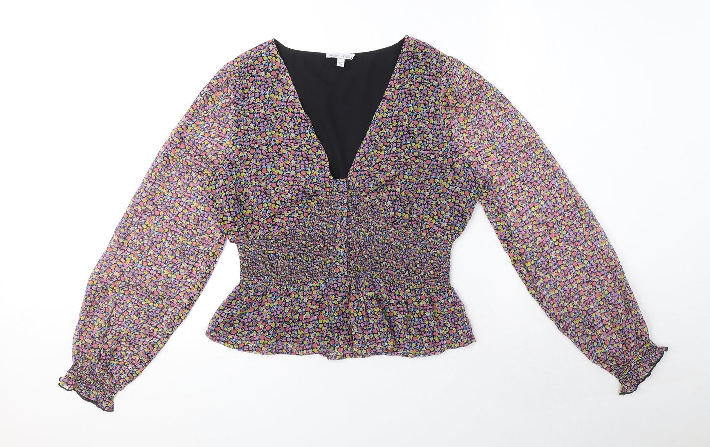 Patrons of Peace Womens Multicoloured Floral Polyester Basic Blouse Size L V-Neck - Peplum