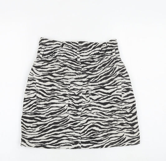 Zara Womens White Animal Print Cotton A-Line Skirt Size S Zip - Zebra pattern