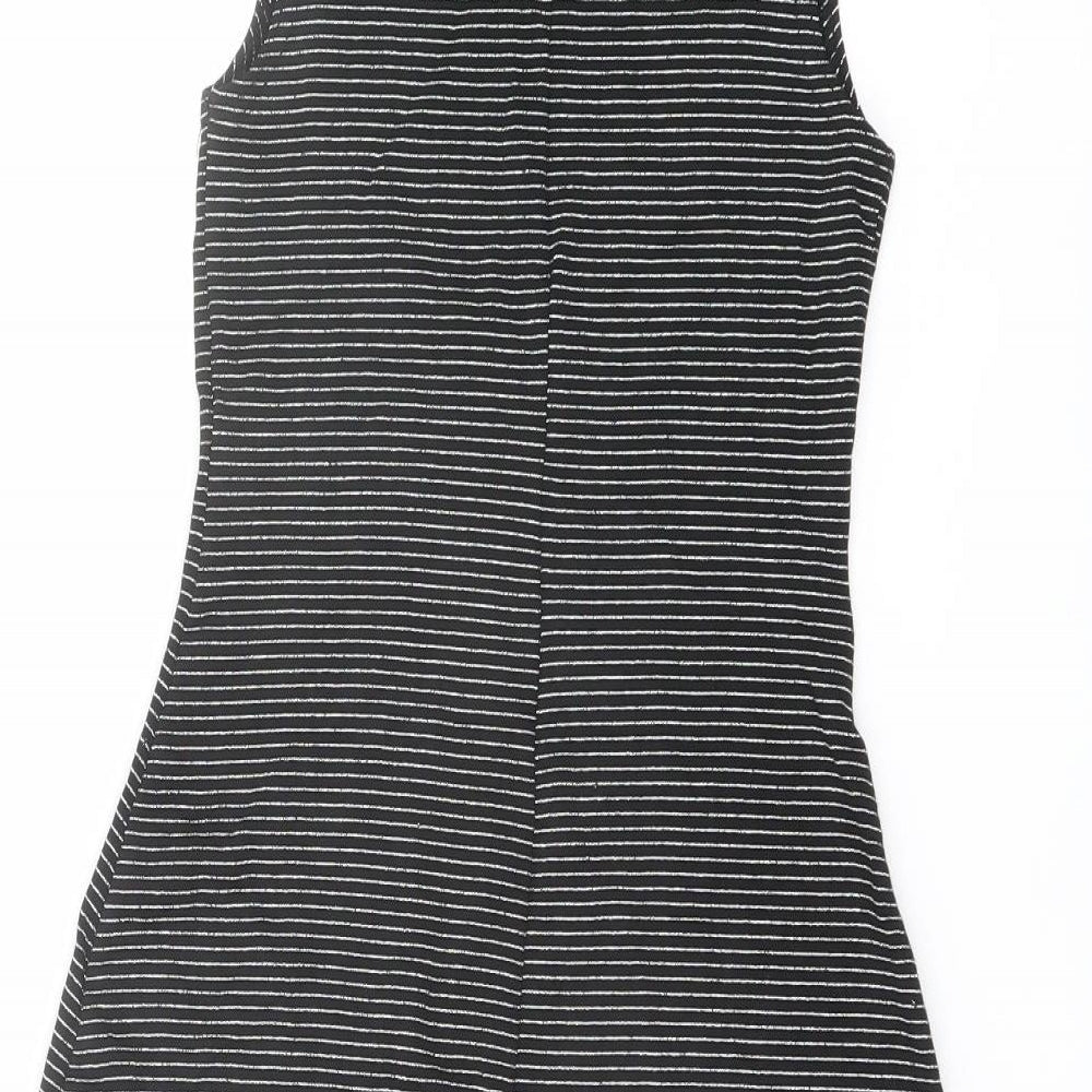 Brand and care label for Miss Selfridge women’s black striped acetate tank dress, size UK 8, boat neck pullover