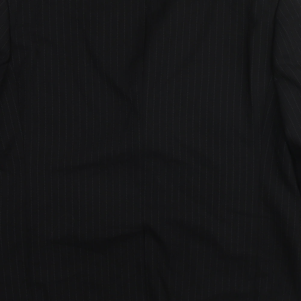 Brand and care label for 1860 Menswear men’s black striped wool jacket suit jacket, size 44, regular