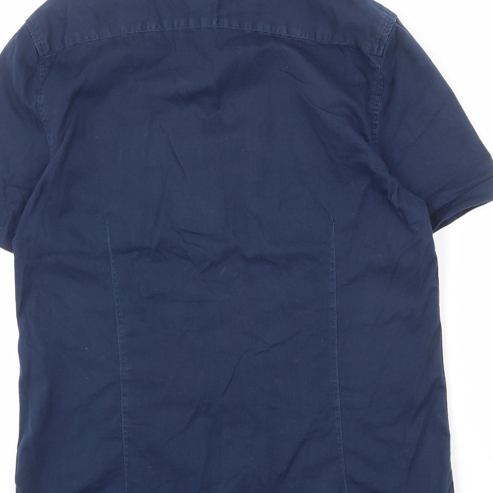 Brand and care label for ASOS men’s blue cotton button-up, size M, collared button
