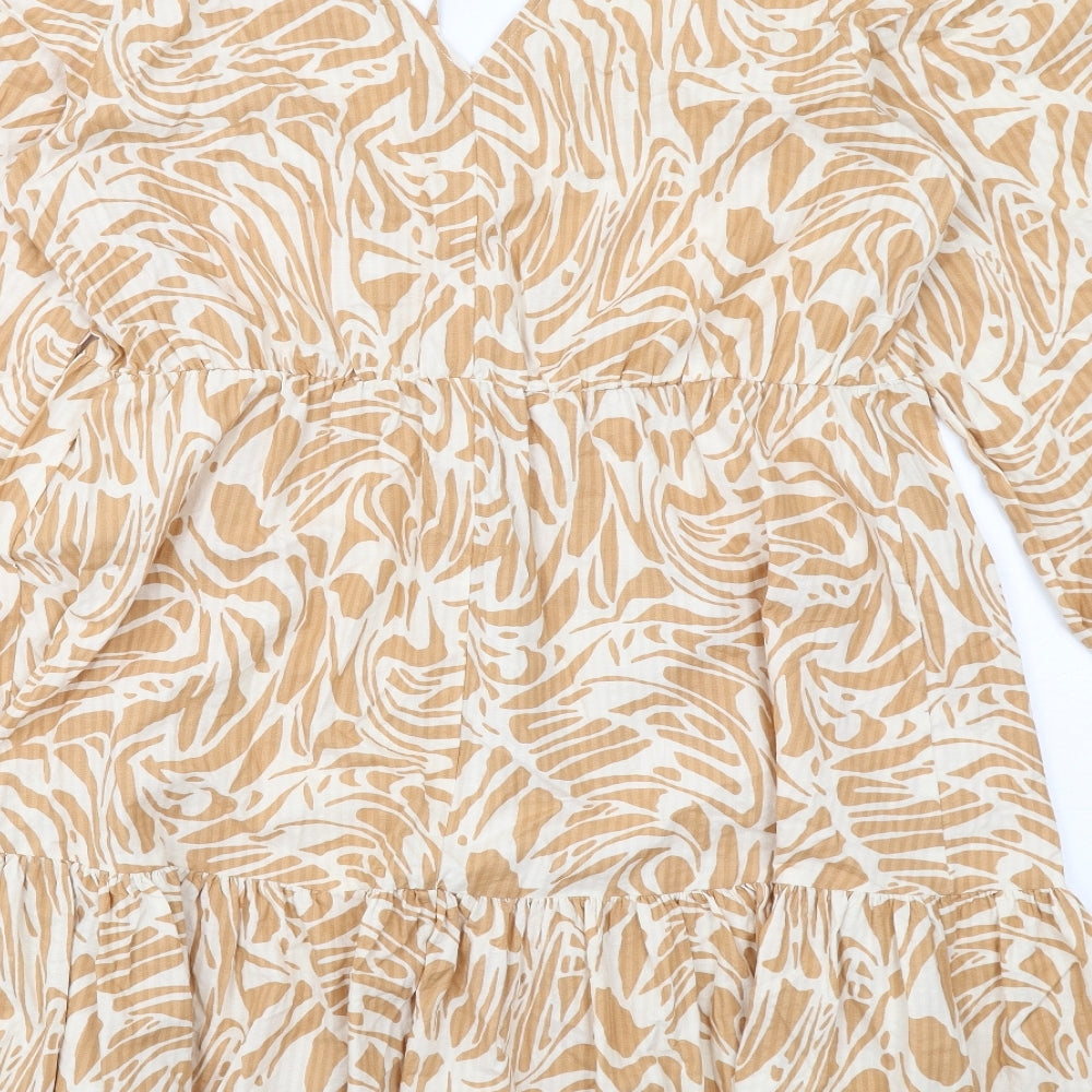 Marks and Spencer Womens Beige Geometric Viscose Skater Dress Size 14 V-Neck Pullover