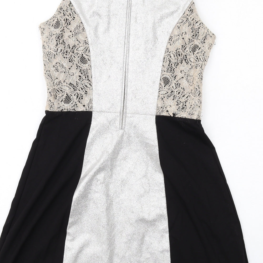 Brand and care label for French Connection women’s multicoloured polyester tank dress, round neck zip - lace details