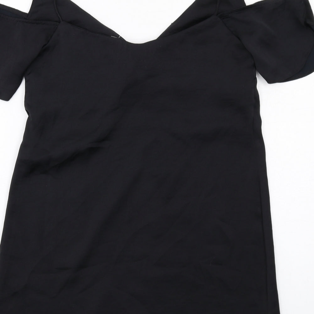 Brand and care label for ASOS women’s black polyester a-line, size XS, v-neck pullover - cold shoulder