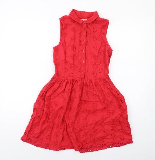 Jack Wills Womens Red Cotton A-Line Size 6 Collared Button - Broderie Anglaise