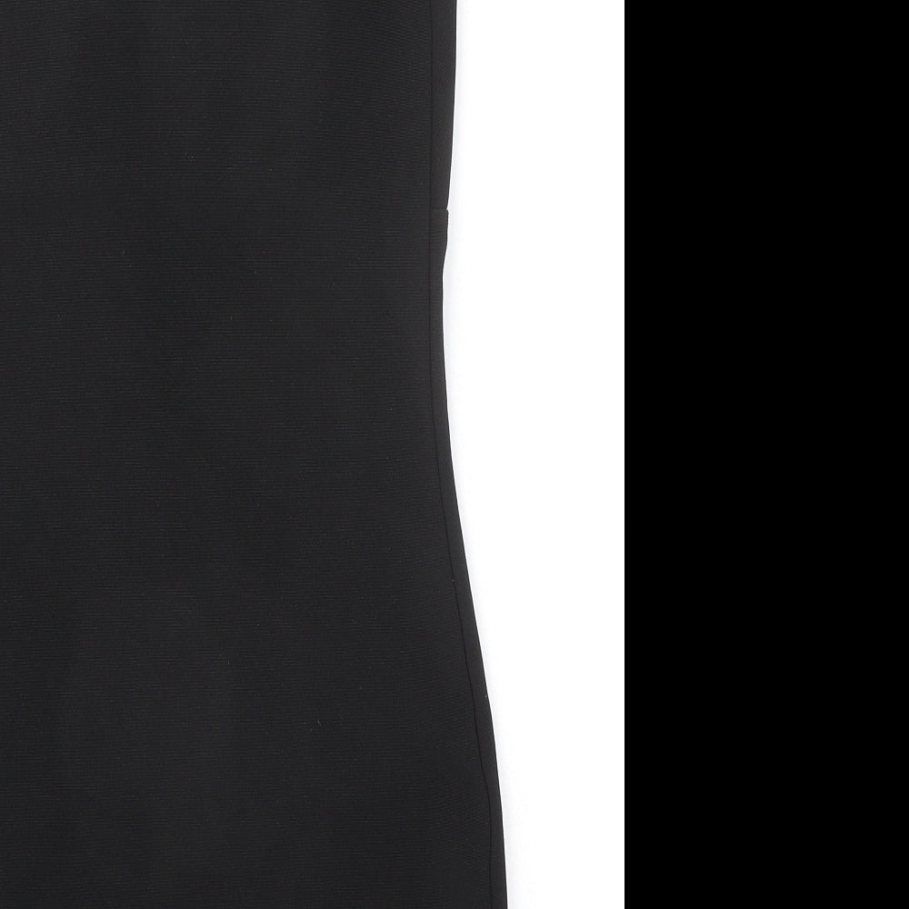 Brand and care label for Miss Selfridge women’s black polyester bodycon, size UK 8, halter pullover
