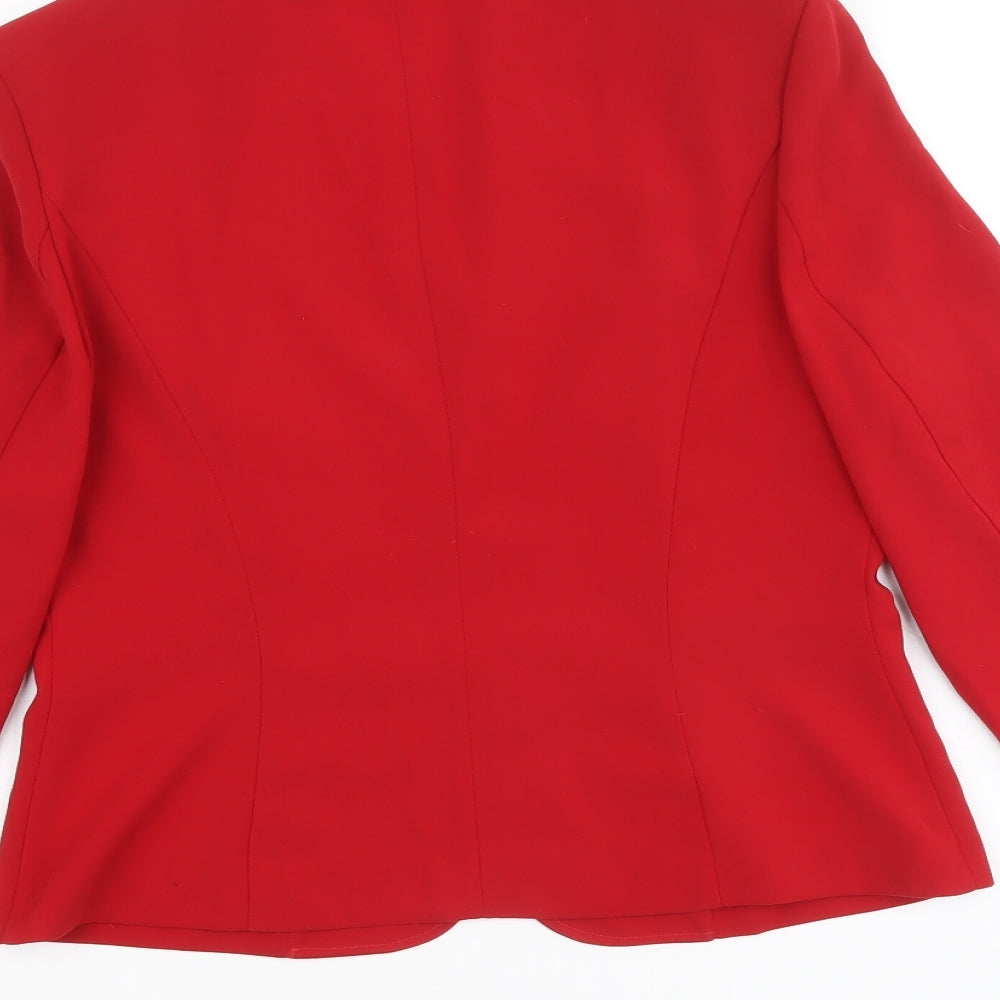Brand and care label for Vera Mont women’s red jacket blazer, size UK 14, hook & eye
